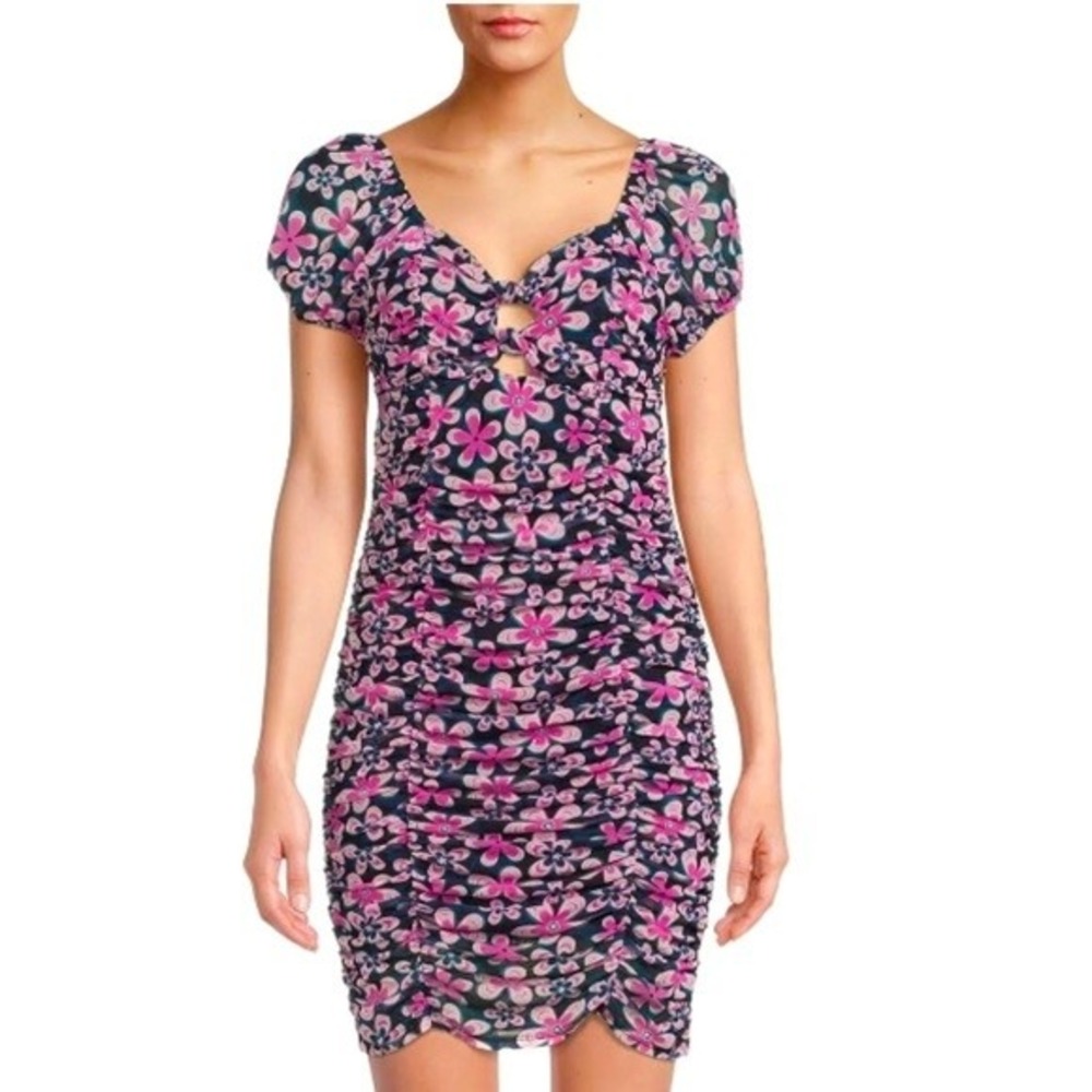 Madden NYC pink purple floral y2k puff sleeve ruched mini dress L cottage